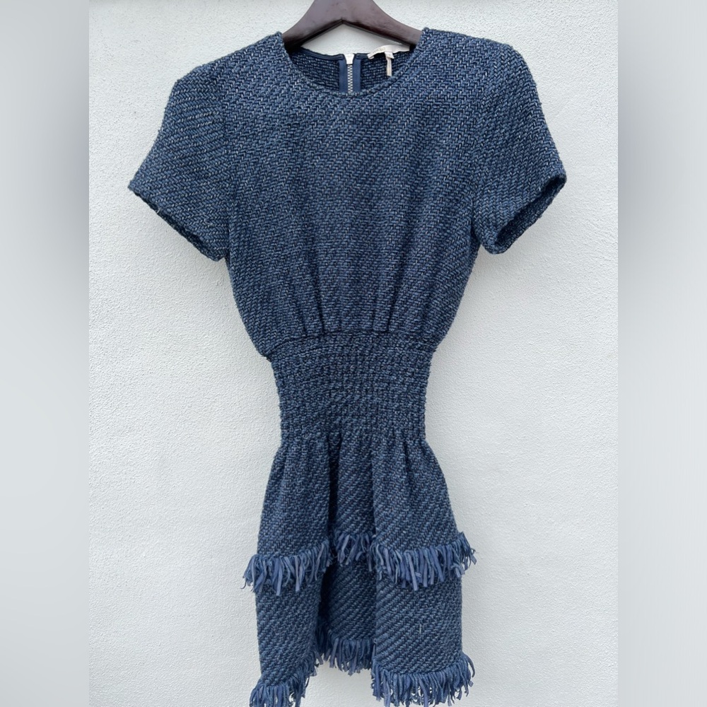 Maje Dress Womens Size 2 Blue Rabata Tweed Short Sleeve Smock Waist Fringe Mini